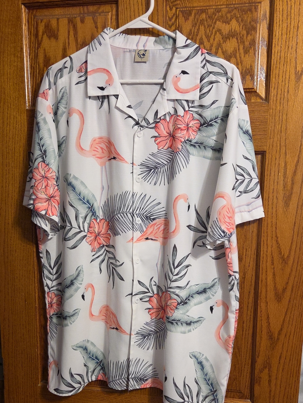 Men's White Flamingo & Tropical Print Short Sleeve Button-Up Shirt